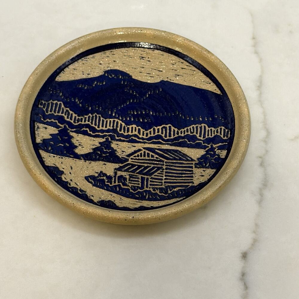 Sylvia Lawson NC Pottery Blue Sgrafitto Small Coaster Dish Pilot Mountain 1993